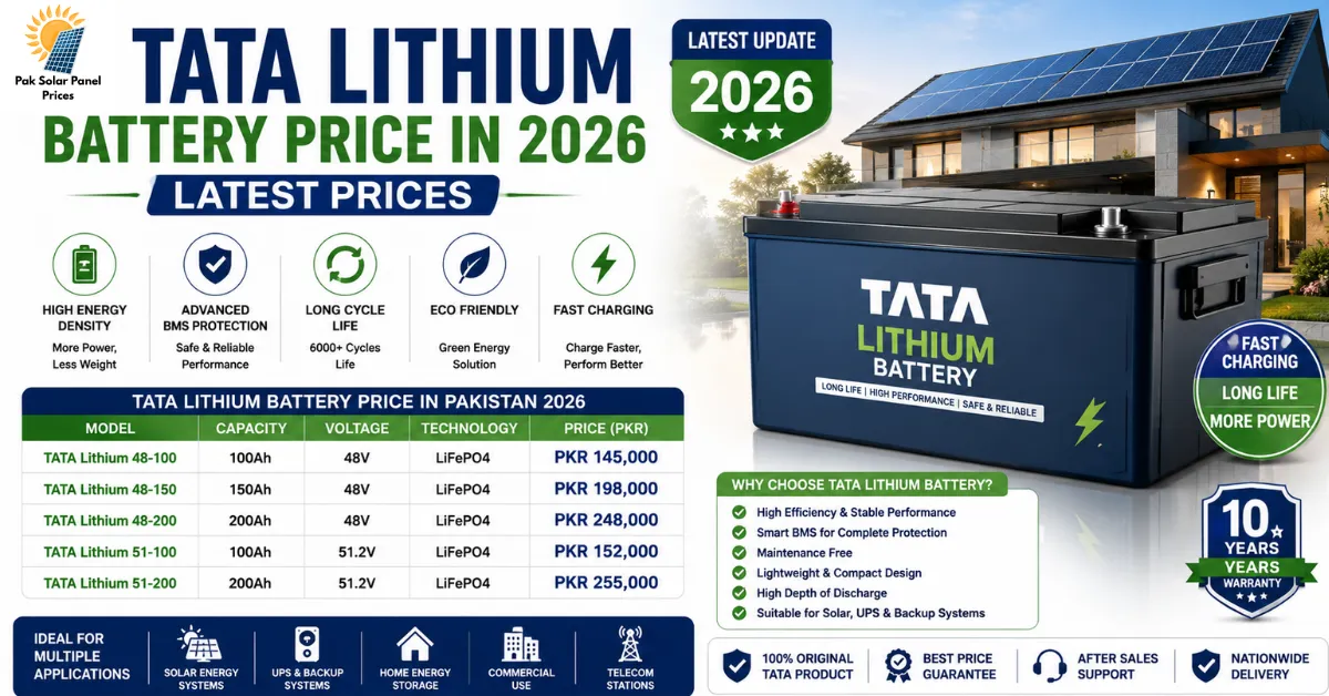 Tata Lithium Battery Price in Pakistan 2026 latest price list with 48V 100Ah, 150Ah, 200Ah and LiFePO4 battery specifications.