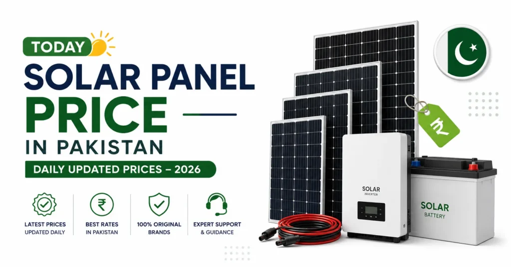 Today Solar Panel Price in Pakistan 2026 showing the latest solar panel, inverter, and battery prices with daily market updates.