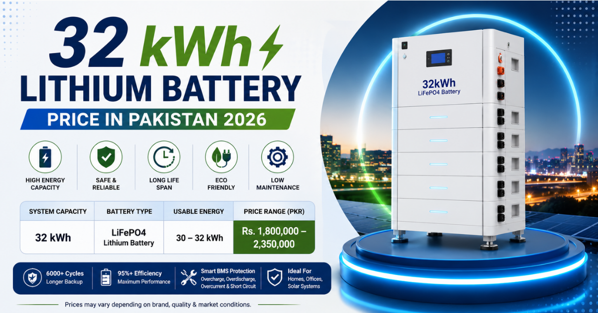 32 kWh lithium battery price in Pakistan, 32kWh LiFePO4 battery, solar battery storage, lithium battery Pakistan