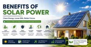 Benefits of solar power, solar energy advantages, lower electricity bills and clean renewable energy for homes