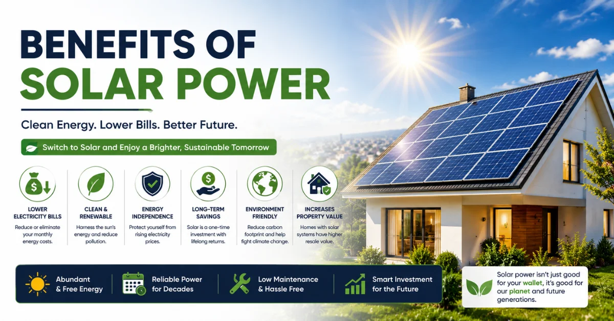 Benefits of solar power, solar energy advantages, lower electricity bills and clean renewable energy for homes