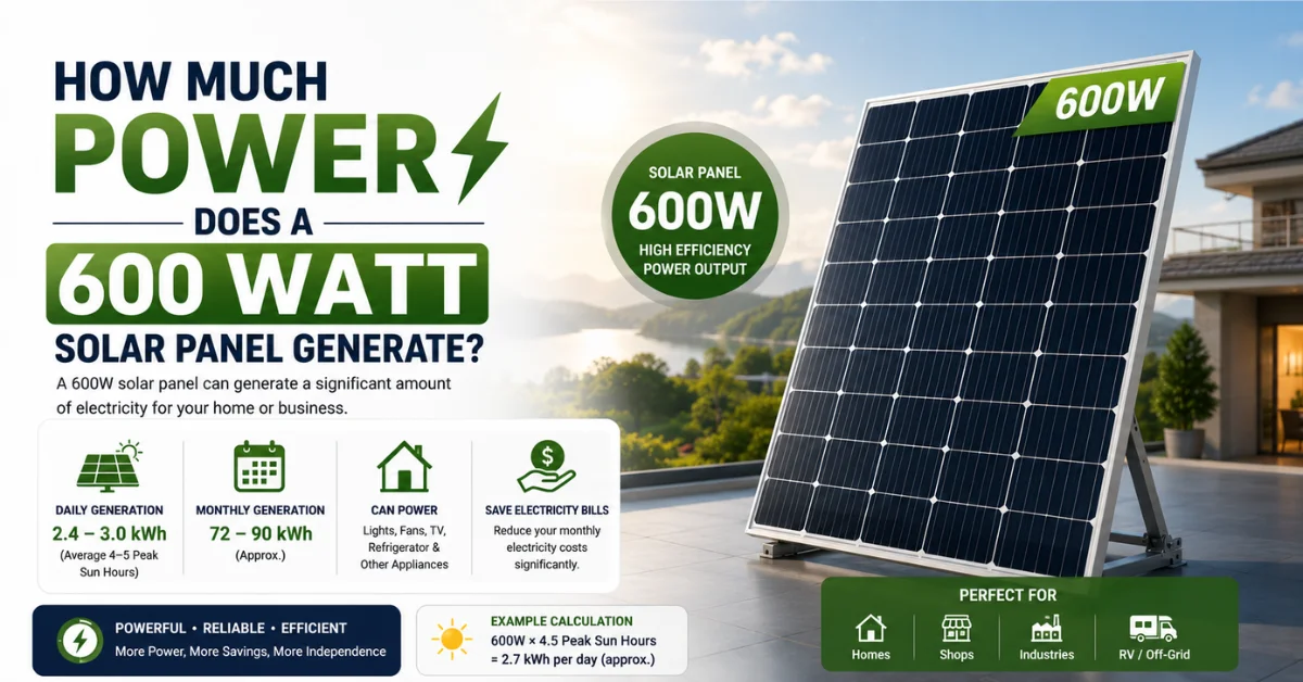 How much power does a 600 watt solar panel generate per day and month in Pakistan