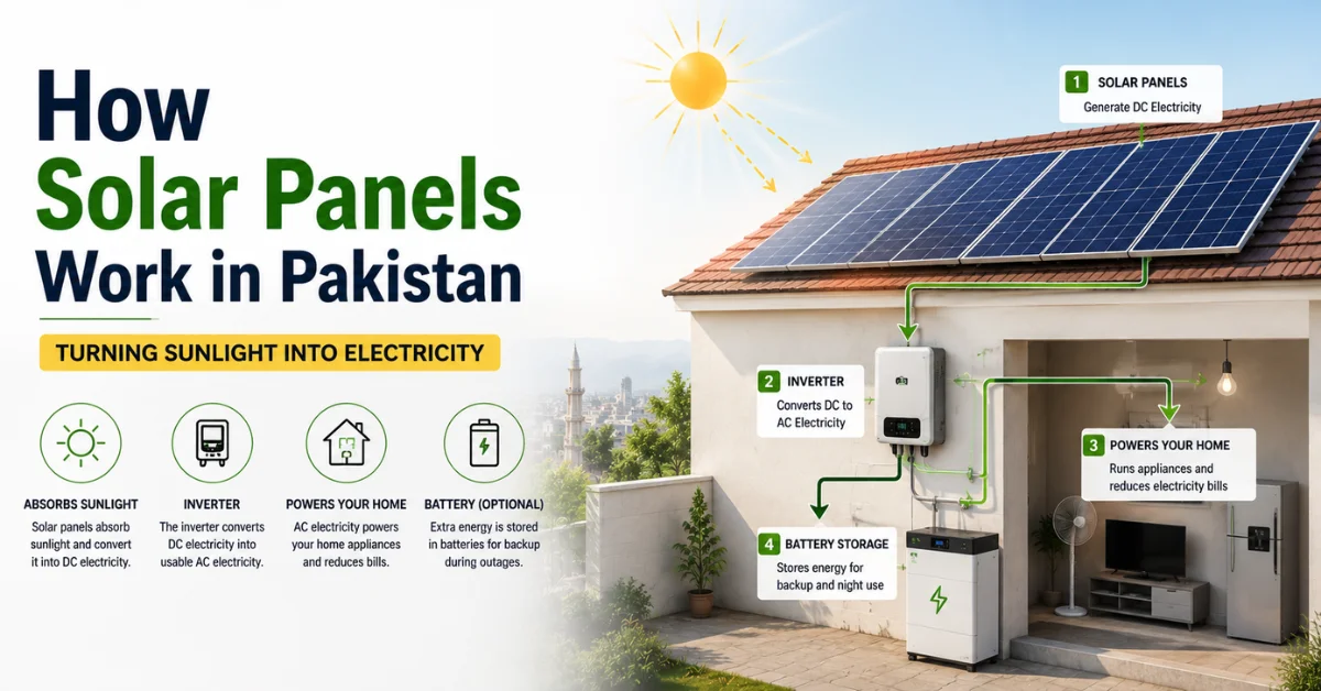 how solar panels work in Pakistan, solar panel working process, solar energy Pakistan, solar power system, solar panels for home, solar inverter and battery