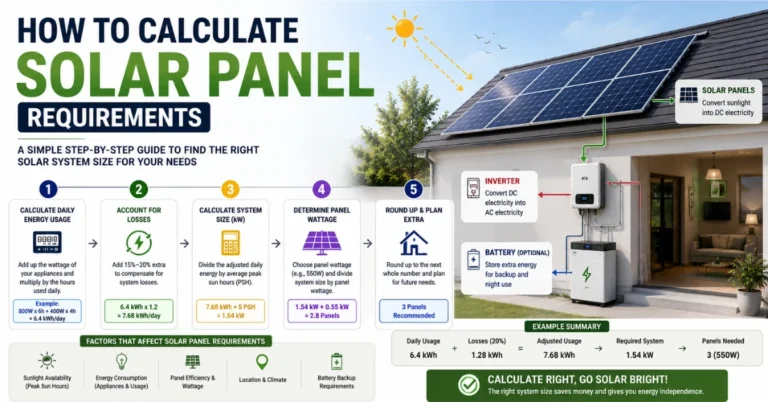 how to calculate solar panel requirements, solar panel calculation, solar system size calculation, solar panel wattage, solar panel requirements