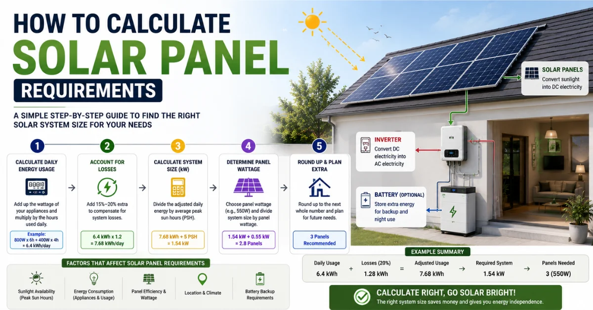 how to calculate solar panel requirements, solar panel calculation, solar system size calculation, solar panel wattage, solar panel requirements