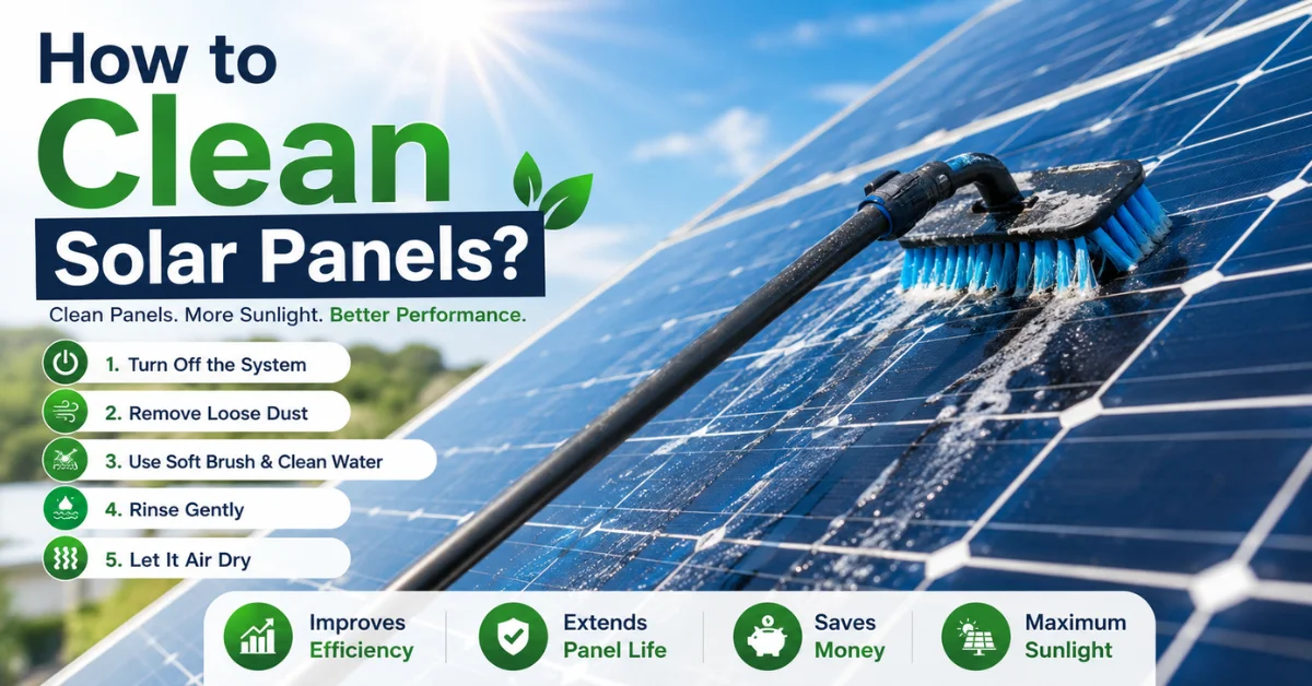 How to clean solar panels, solar panel cleaning guide, remove dust and dirt for better solar energy efficiency