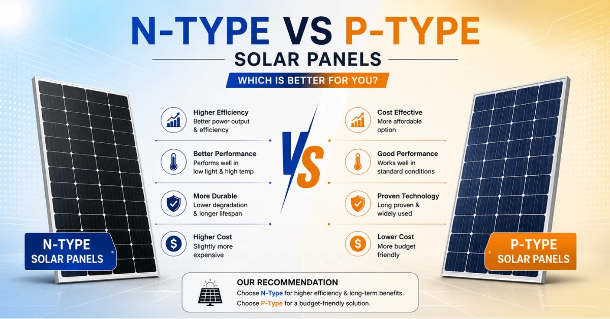 N-Type vs P-Type solar panels, N-Type solar panel benefits, P-Type solar panel comparison, best solar panel technology