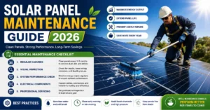 Solar panel maintenance guide showing solar panel cleaning, inspection and maintenance tips for better performance