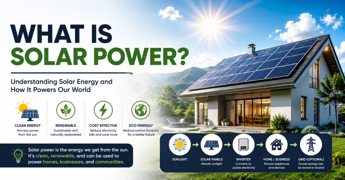 What is solar power, solar energy explained, how solar panels generate clean renewable electricity for homes and businesses