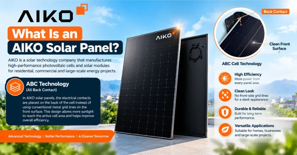 AIKO solar panel with ABC All Back Contact technology, high-efficiency cells, and rear electrical contacts